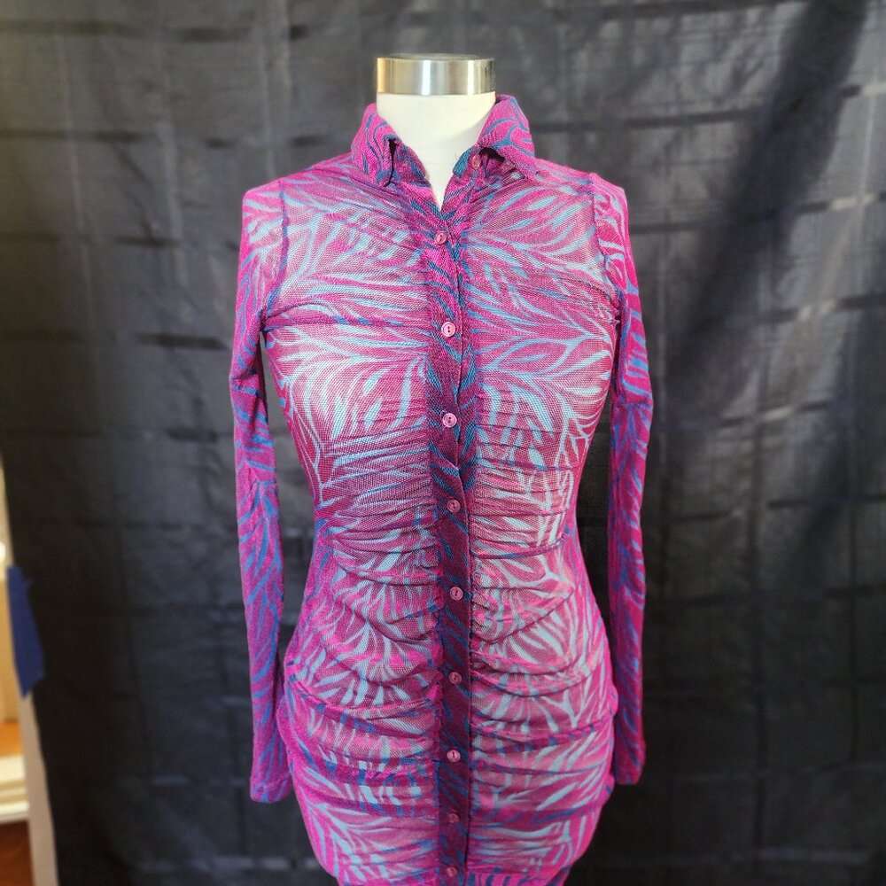 🐯 Wild and Playful: Pink & Blue Tiger Print Sheer Lingerie Cover-Up 🐯